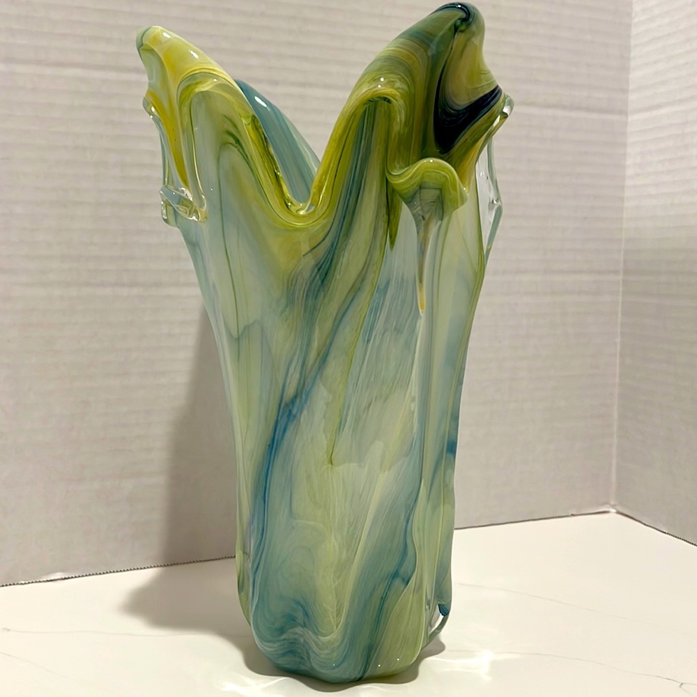 Glass art vase, blue green, yellow 12 inches